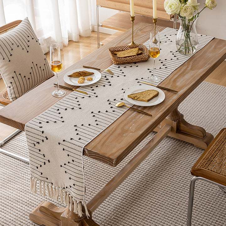 Handwoven Textured Cotton Tassel Table Runner for Dining and Console