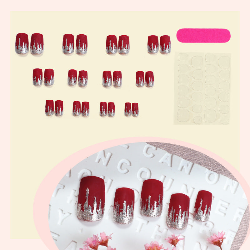 Artistic Press-On Nail Set with Silver Drip Design kalsten