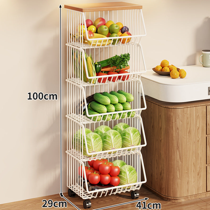 Compact Triple-Tier Rolling Wire Vegetable and Fruit Storage Cart with Wooden Top