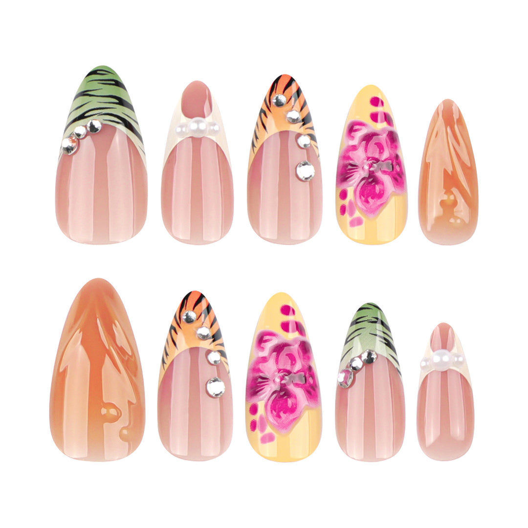 Artistic stiletto nails with colorful flower design and glitter Kalsten