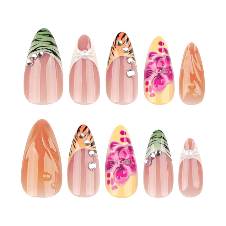 Artistic stiletto nails with colorful flower design and glitter Kalsten