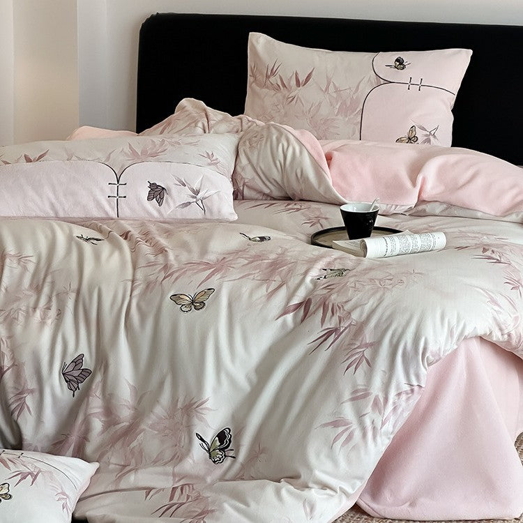 Bedding set with embroidered butterflies and delicate bamboo print