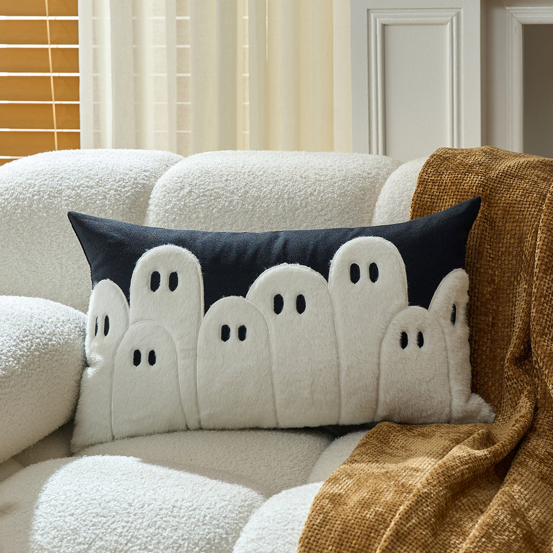 Tufted Ghost Appliqué Cotton-Linen Square Decorative Throw Pillow Cover