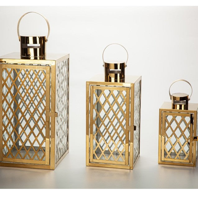 Modern Polished Lattice Metal Lantern Collection with Hinged Door and Top Loop Handle Kalsten