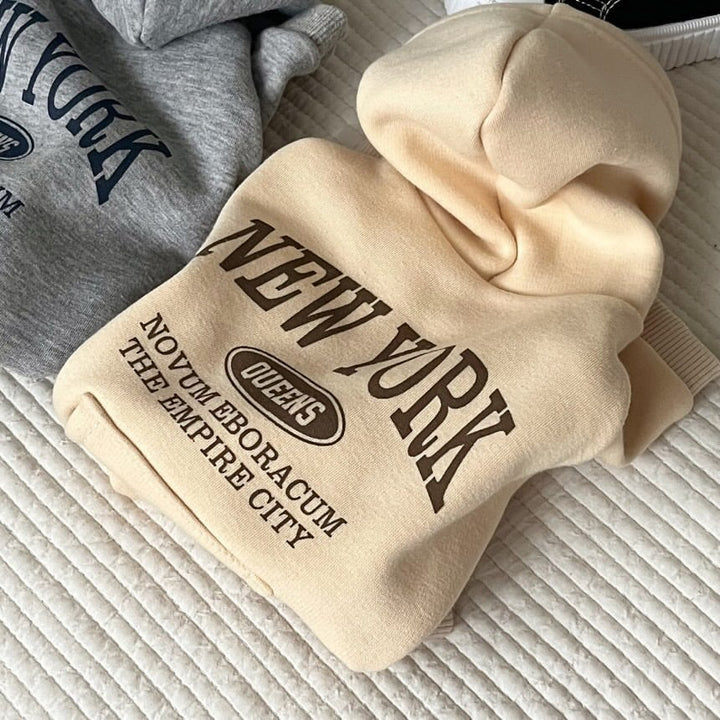 Small Dog Cotton Fleece Hoodie with Graphic New York Queens Print