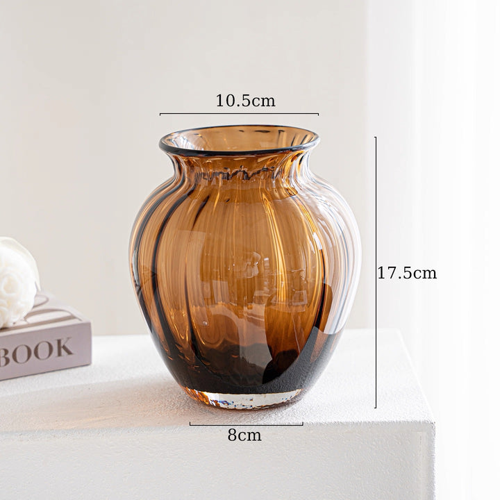 Handblown Ribbed Smoky Glass Bulb Vase with Narrow Neck Kalsten