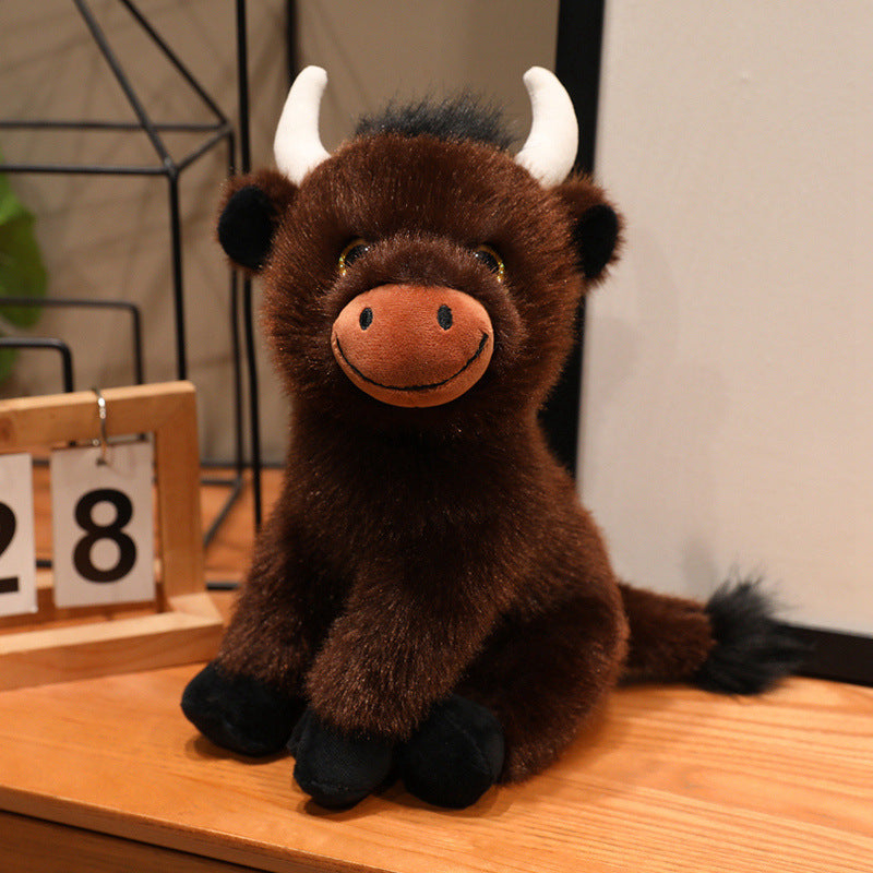Sitting Plush Bull Decorative Soft Toy with Embroidered Snout, Horns & Soft Faux-Fur Kalsten
