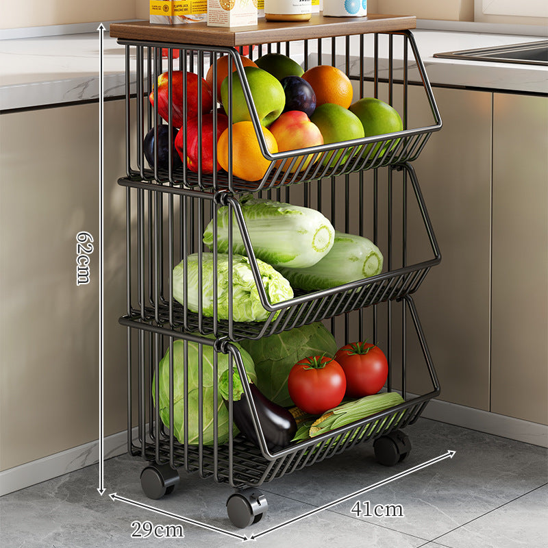 Countertop Wooden Top Metal Wire Fruit and Vegetable Storage Rack