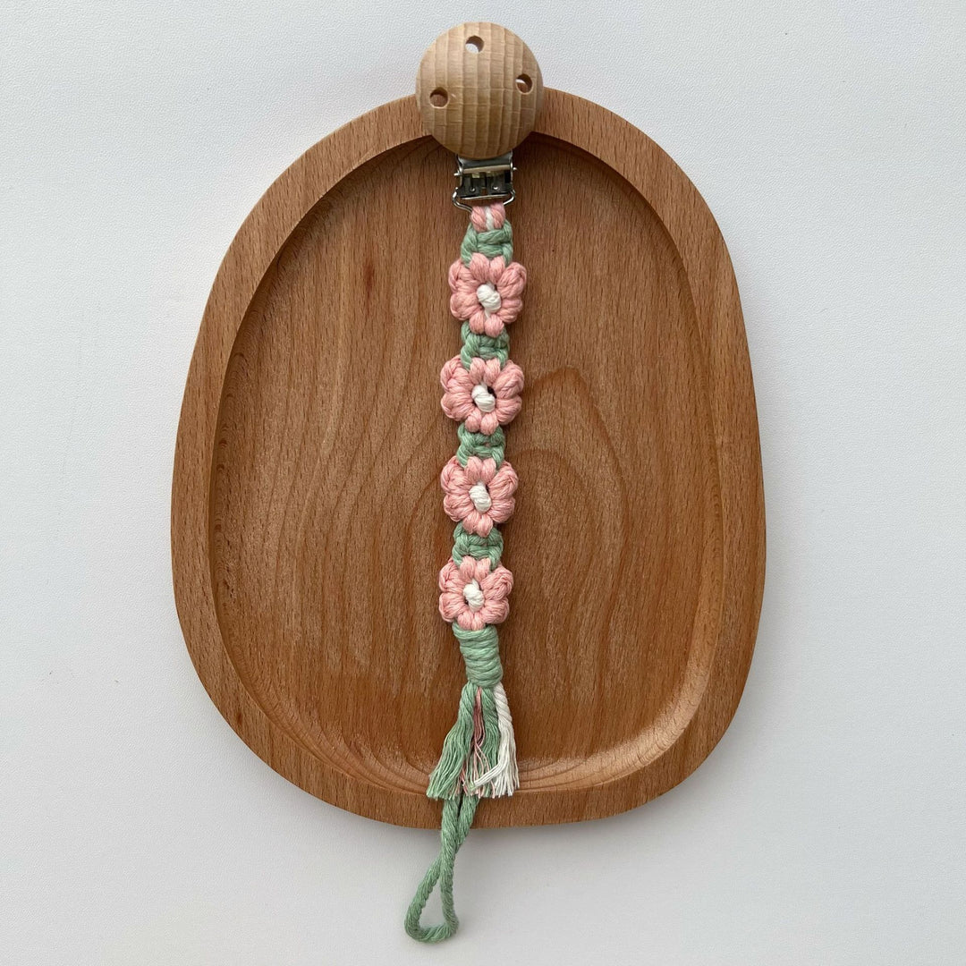 Macramé Flower Pacifier Clip with Wooden Safety Clamp