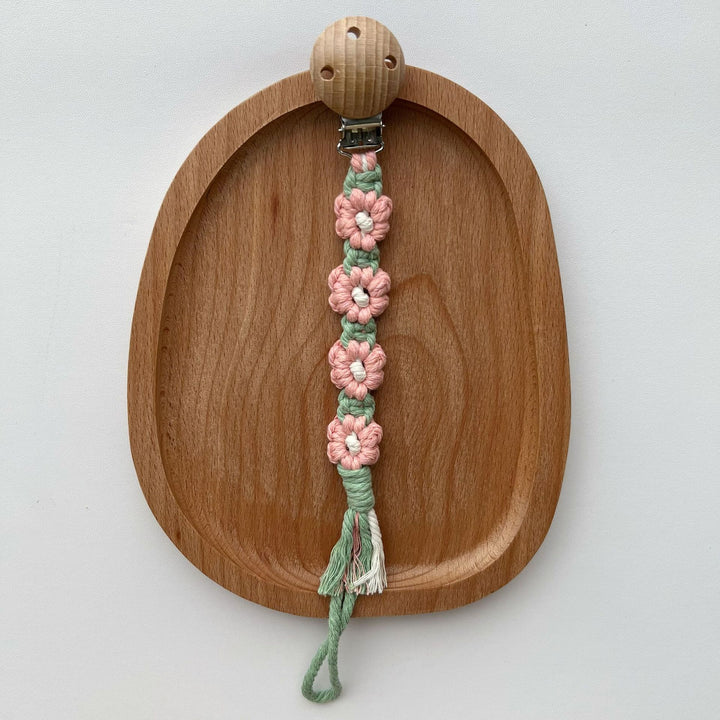 Macramé Flower Pacifier Clip with Wooden Safety Clamp