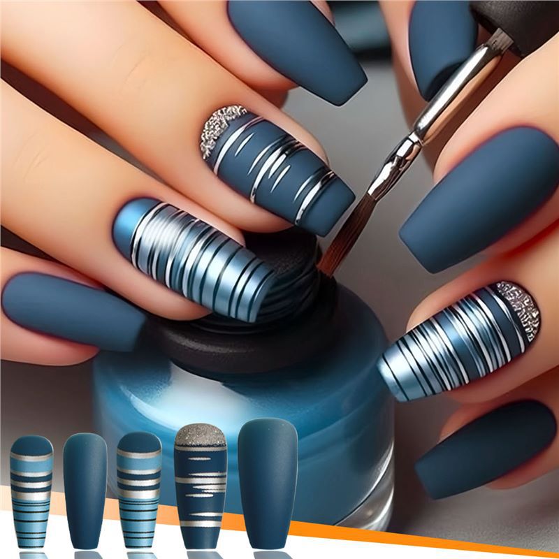 Fashionable Matte Finish Press-On Nails with Metallic Stripes Kalsten