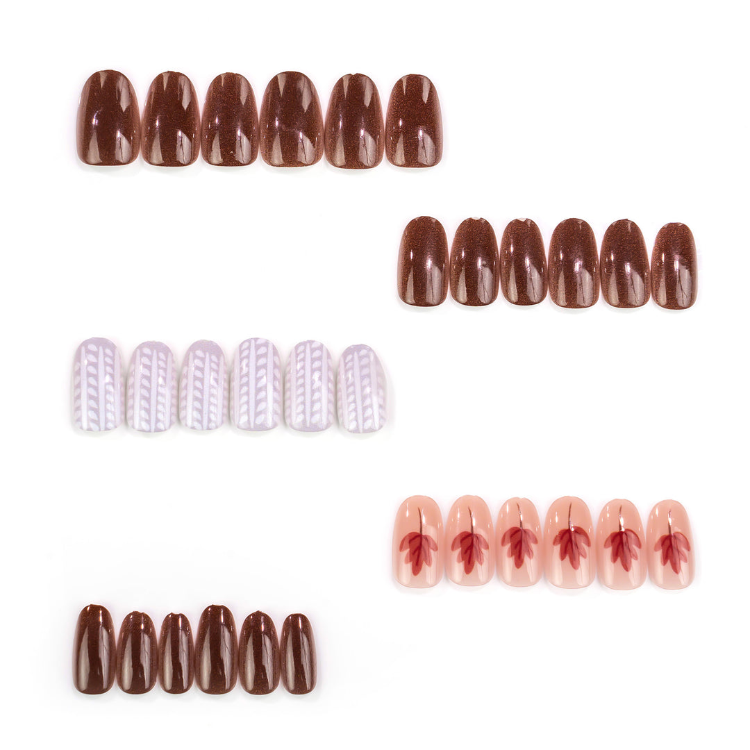 Artistic Press-On Nail Art Set with Leaf and Geometric Patterns Kalsten