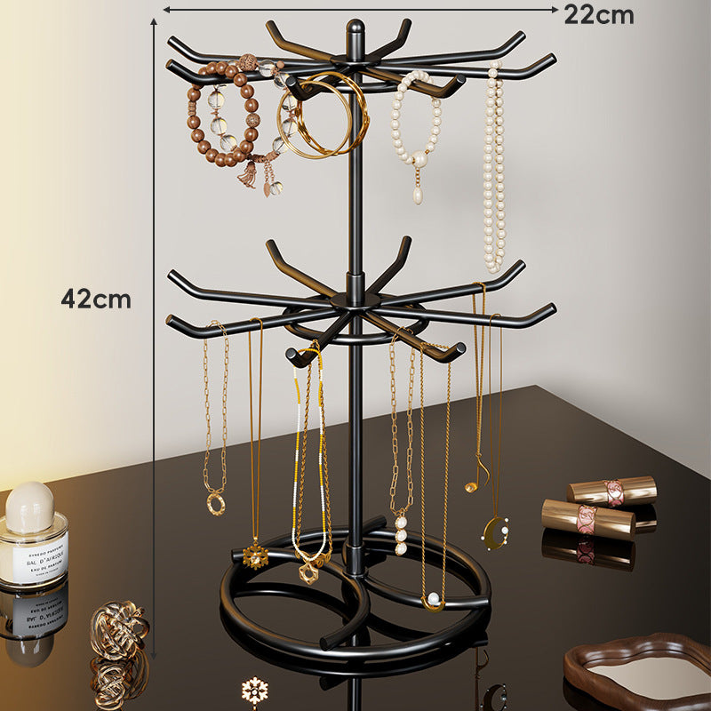 Tiered Rotating Jewelry Organizer Tree Stand with Multi-Arm Hooks and Ring Dish