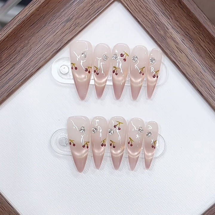 Artistic Press-On Nail Set with Cherry Blossom Design Kalsten
