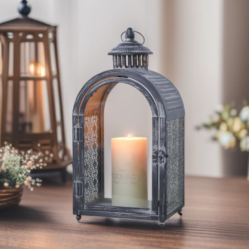 Antique-Style Arched Metal and Textured Glass Candle Lantern for Pillar Candles Kalsten