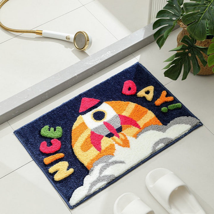 Playful Rocket-Themed Bath Mat