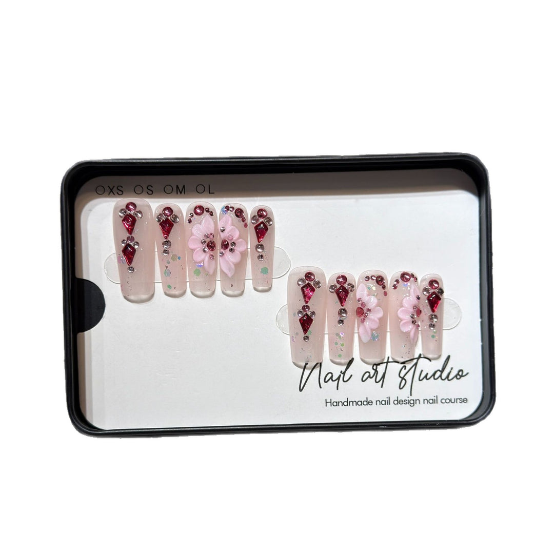 Floral-Themed Press-On Nail Set with Gemstone Accents Kalsten