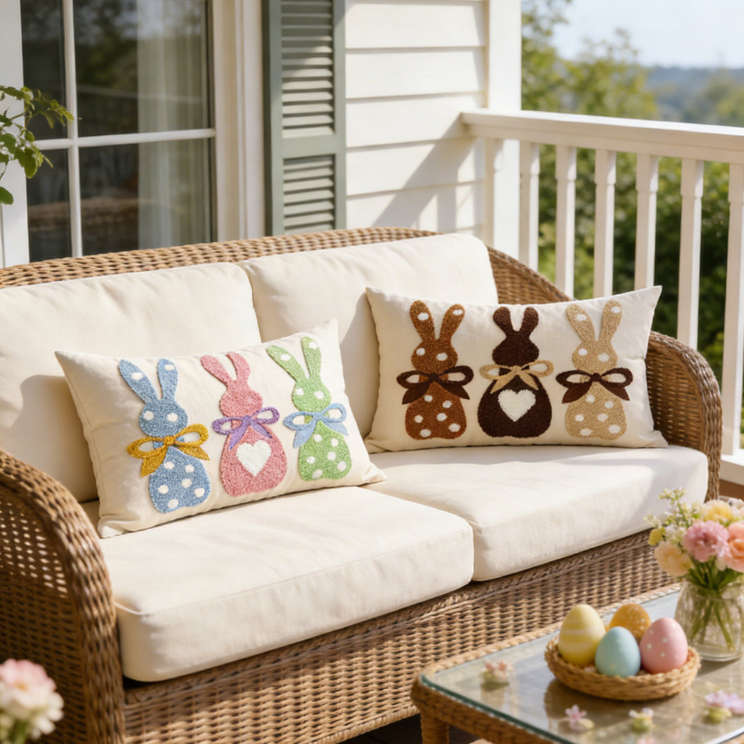 Tufted Appliqué Bunny Trio Lumbar Pillow Cover Cotton-Linen Blend with Hidden Zipper