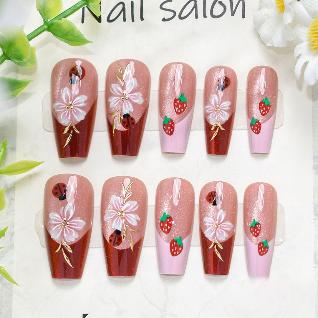 Artistic Press-On Nail Set with Cherry Blossom Design Kalsten