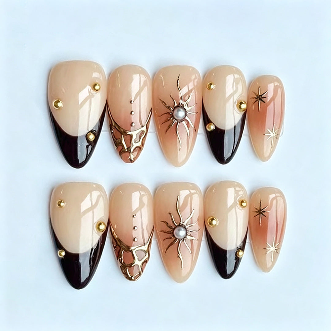 Artistic Press-On Nail Art Set with Elegant Sun and Gemstone Design