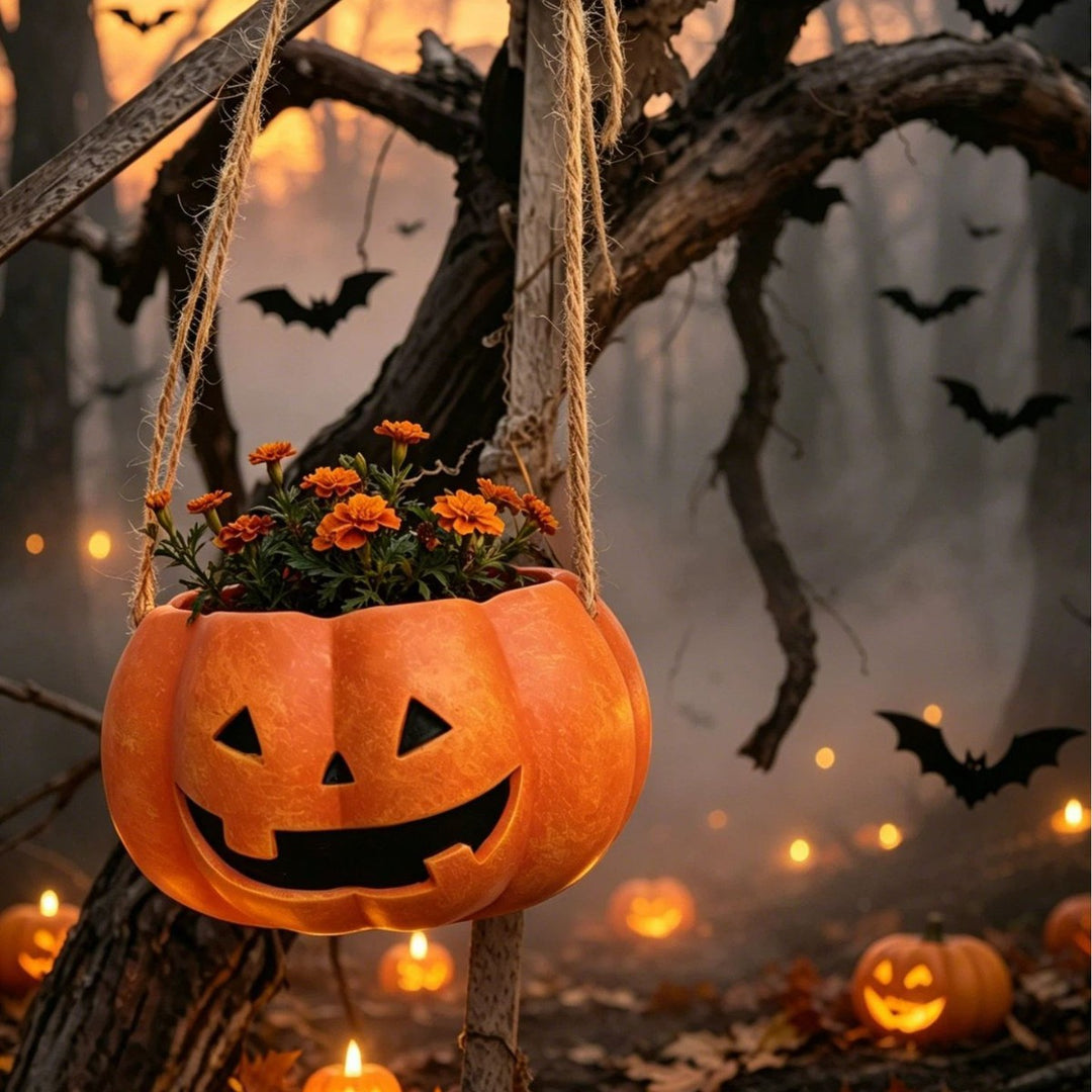 Hanging ceramic pumpkin flower pot with carved pumpkin face and jute string