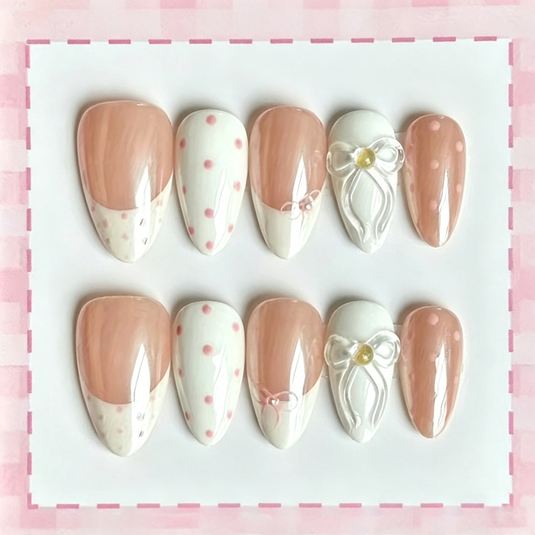 Artistic Polka Dot and Bow Press-On Nail Set