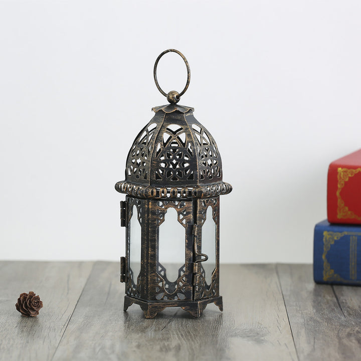 Decorative Moroccan Filigree Metal Lantern with Glass Panels and Hanging Ring Kalsten