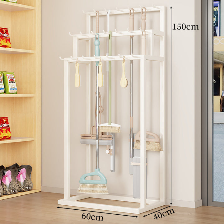 Vertical Mop and Broom Organizer Rack with Multi-Hook Hanging Storage