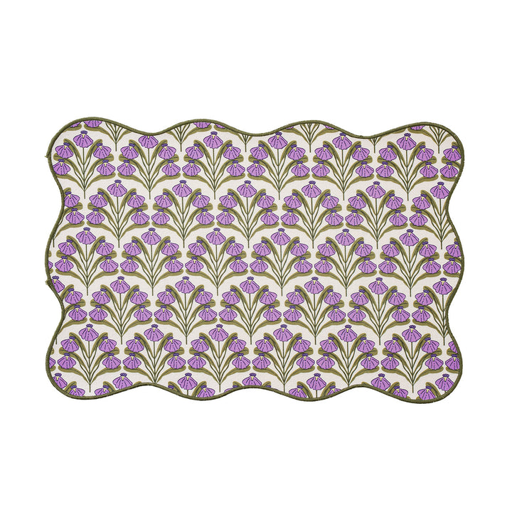 Shaped placemat made of cotton blend with pomegranate and parrot motif