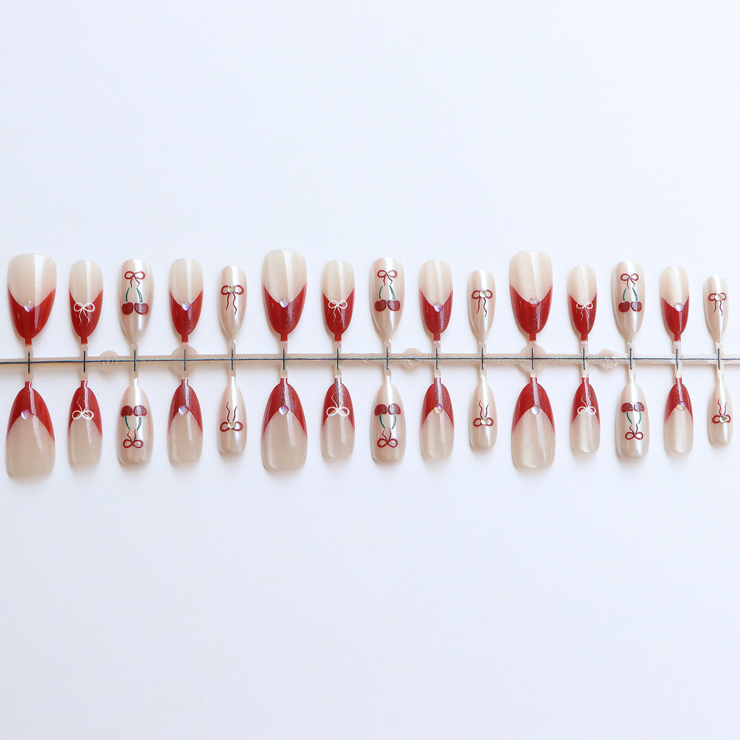 Artistic Press-On Nail Set with Cherry and Ribbon Design Kalsten