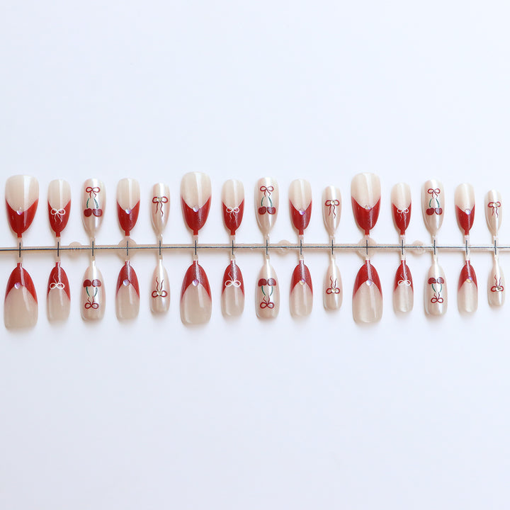Artistic Press-On Nail Set with Cherry and Ribbon Design Kalsten