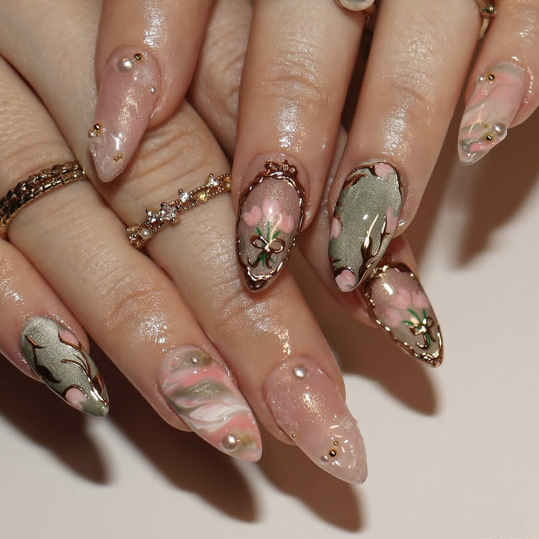 Artistic Floral-Embellished Press-On Nail Art Set Kalsten 1790636586