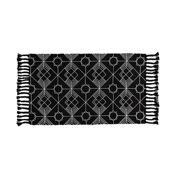 Flat-woven entrance runner made of cotton blend with geometric tile pattern and fringes Kalsten