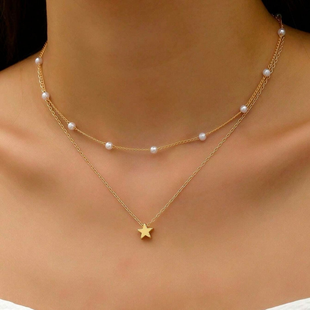 Layered Pearl and Star Charm Necklace Kalsten