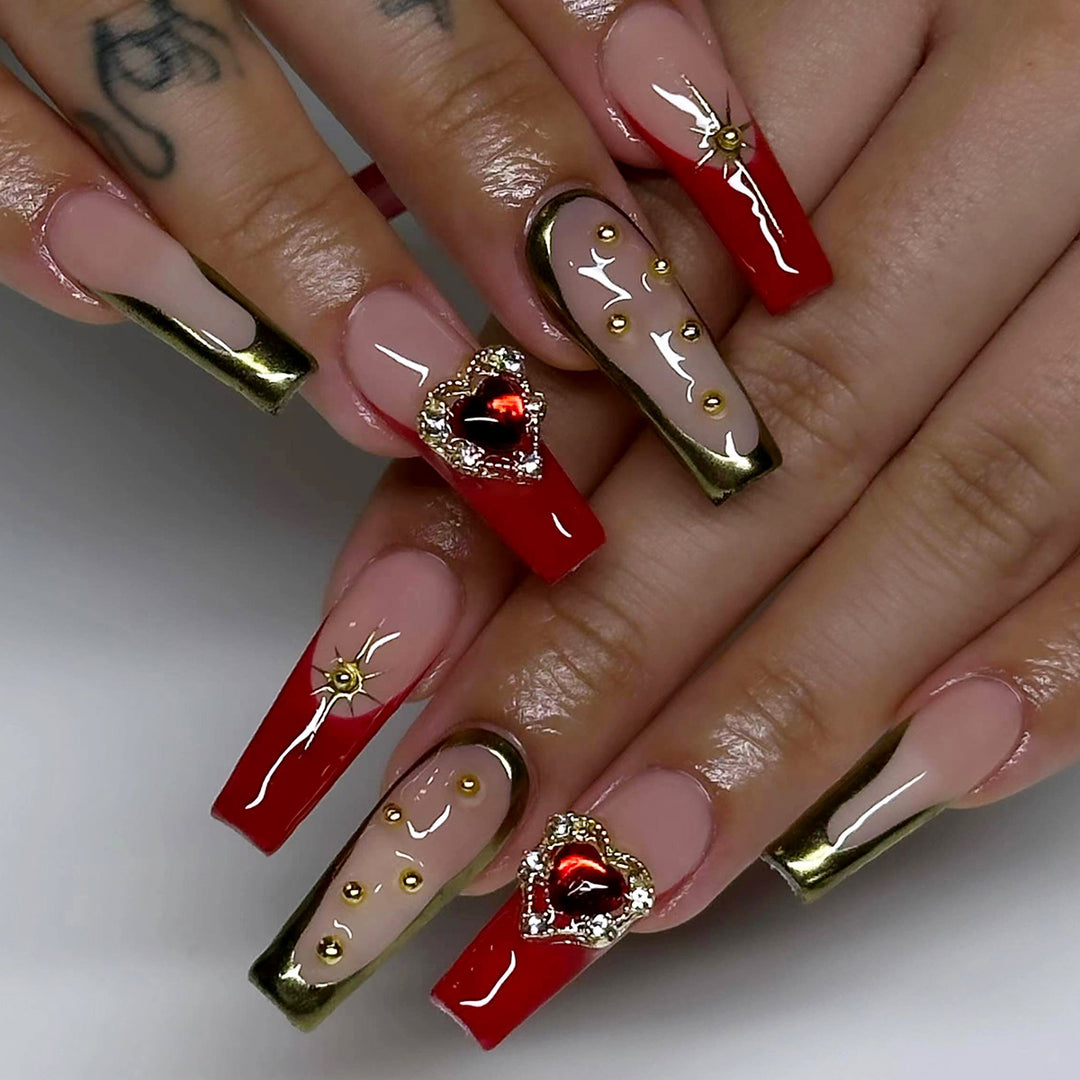 Exquisite artificial nails with heart design and glitter elements Kalsten
