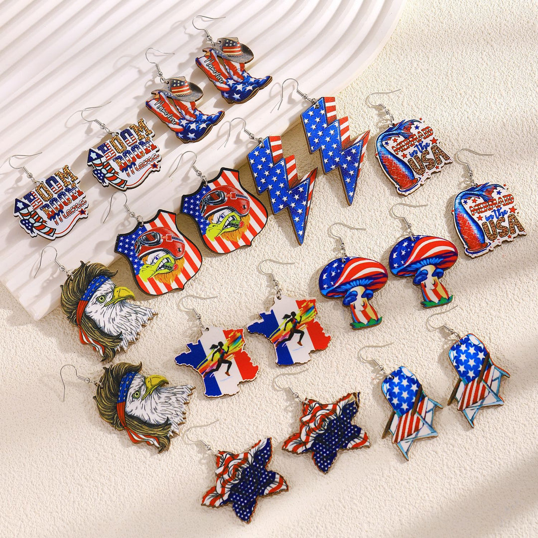Women's nan patriotic novelty dangle hook earrings with laser-printed wooden fireworks charm Kalsten