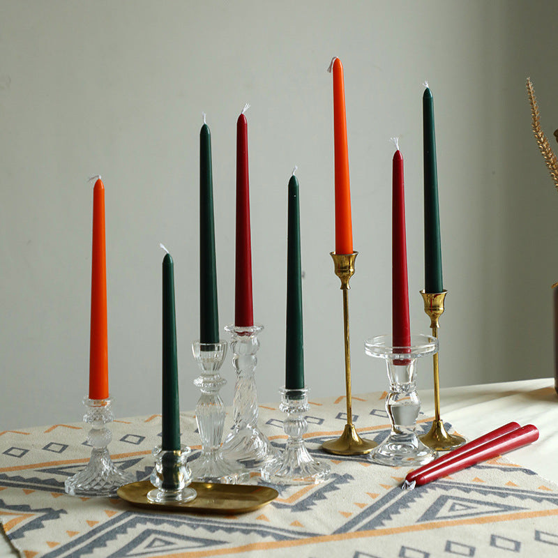 Decorative Taper Candle Set with Mixed-Height Glass and Brass Holders