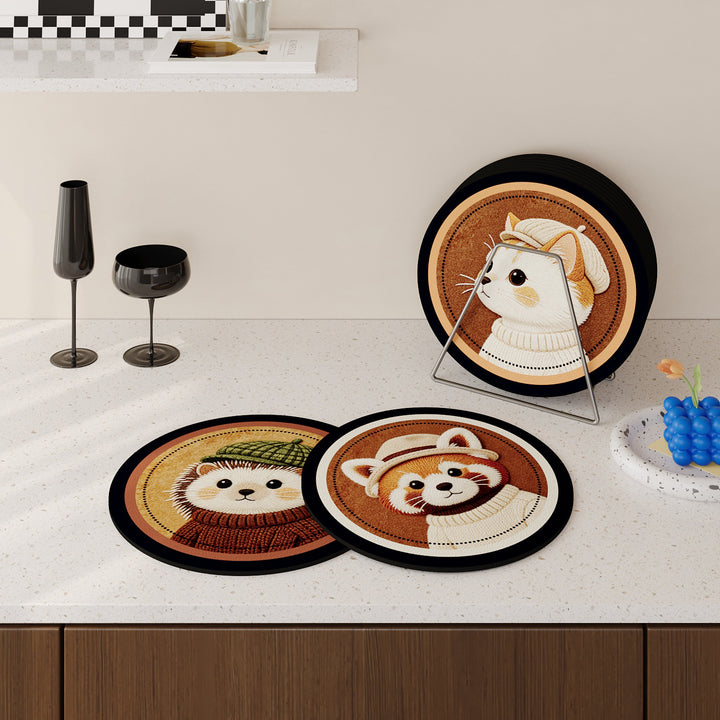 Round Embroidered Faux-Leather Drink Coaster Set with Non-Slip Backing