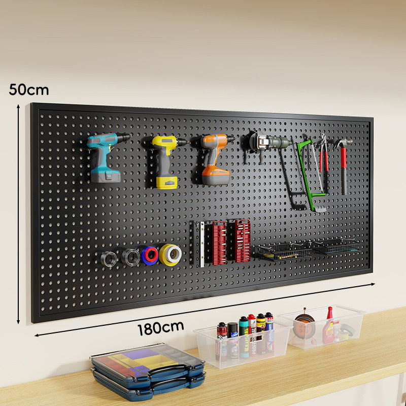 Wall-Mounted Perforated Metal Tool Pegboard Organizer Panel with Modular Hooks and Wire Baskets