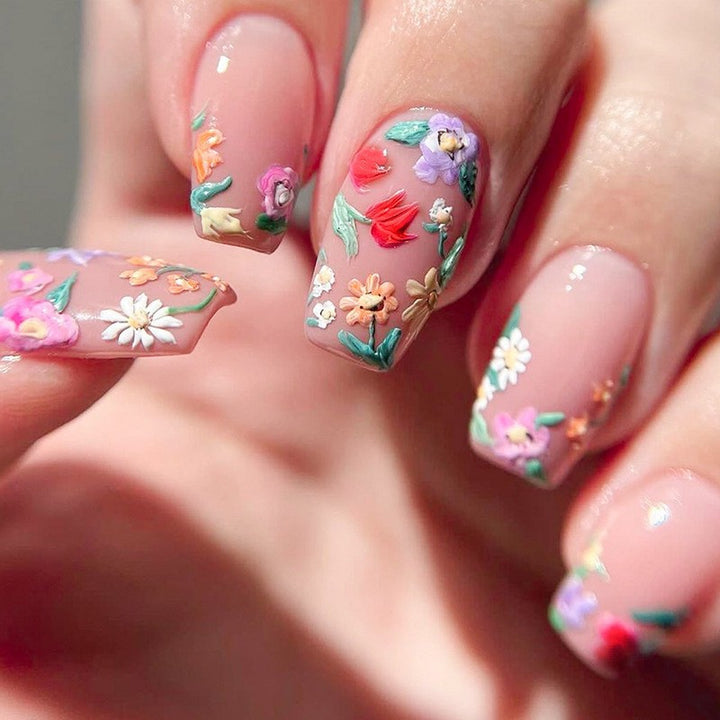 Artificial nail set with colorful flowers and creative French design Kalsten