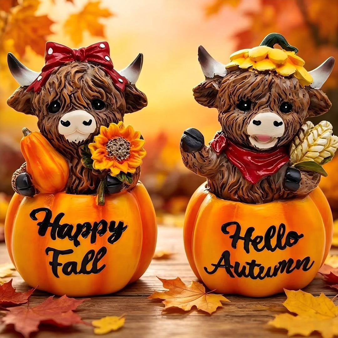 Funny decorative figure of a Highland cow in pumpkin costume Kalsten