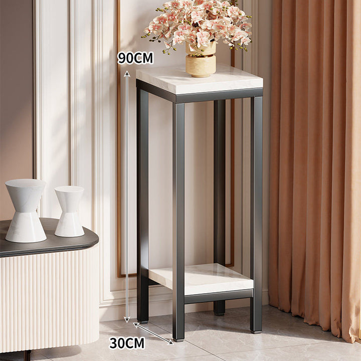 Tall Narrow Marble-Top Plant Stand Side Table with Lower Shelf and Gold Metal Frame