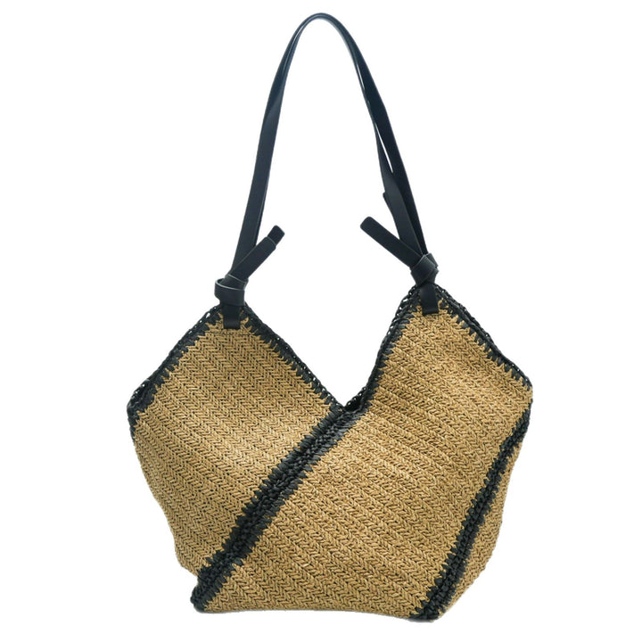 Fashionable beach bag made of woven natural material with leather handles Kalsten