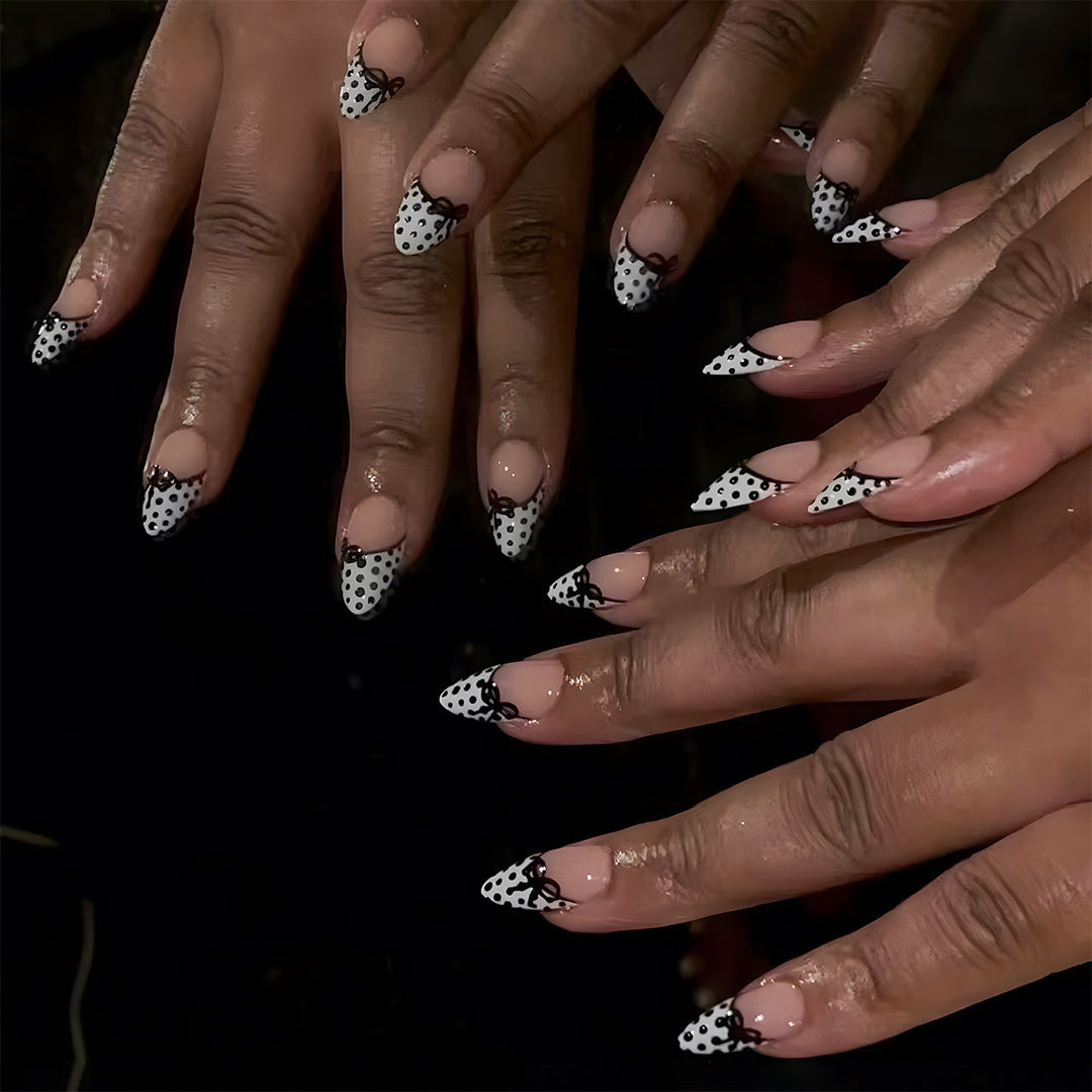 Elegant Stiletto Press-On Nails with Polka Dot Design and Bow Accents Kalsten