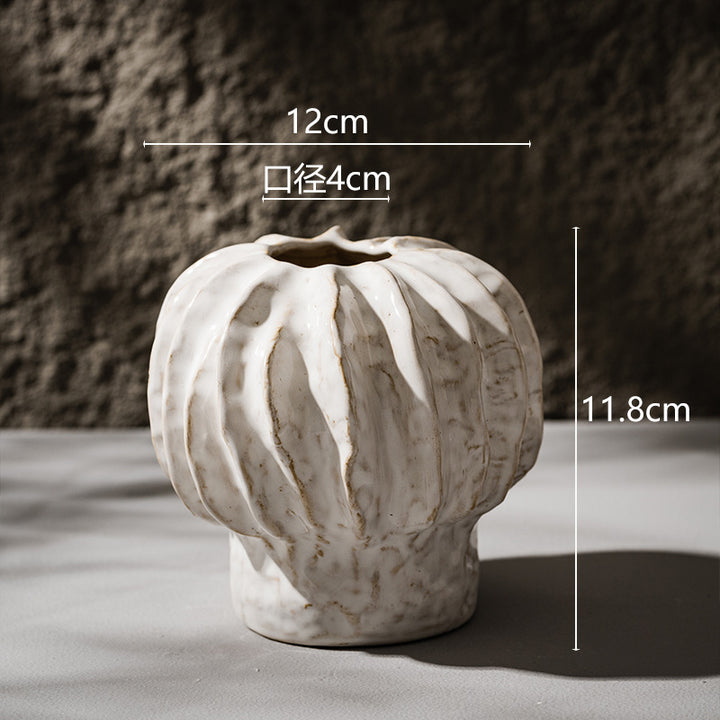 Ceramic Sculptural Ribbed Button Vase with Narrow Neck