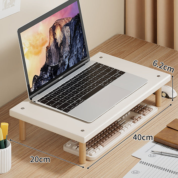 Compact Desktop Laptop and Monitor Riser with Under-Keyboard Storage and Wood Legs