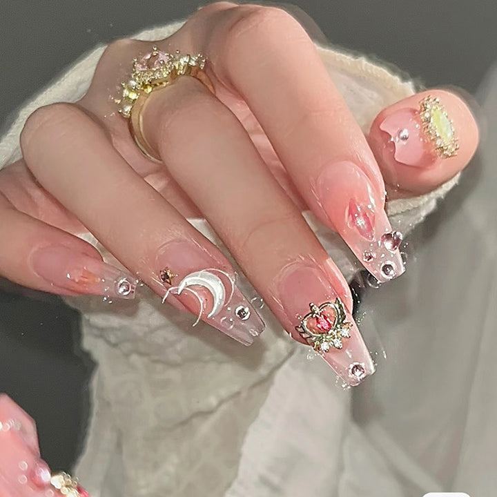 Artistic Press-On Nail Tips with Gemstone and Moon Accents Kalsten