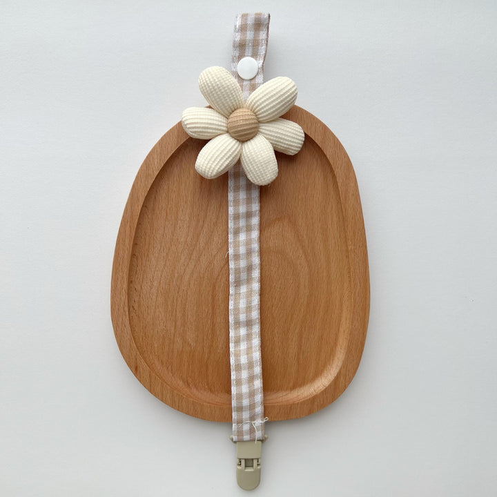 Gingham Cotton Pacifier Lanyard with Padded Ribbed Flower and Quick-Release Clip