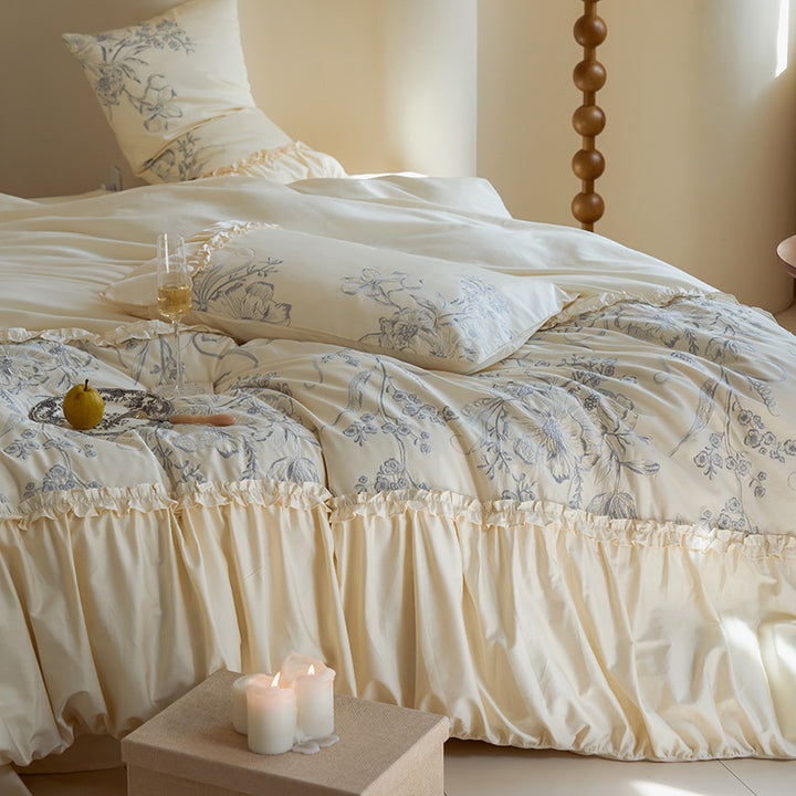 Romantic bed spread with ruffle, floral print and decorative pillow set