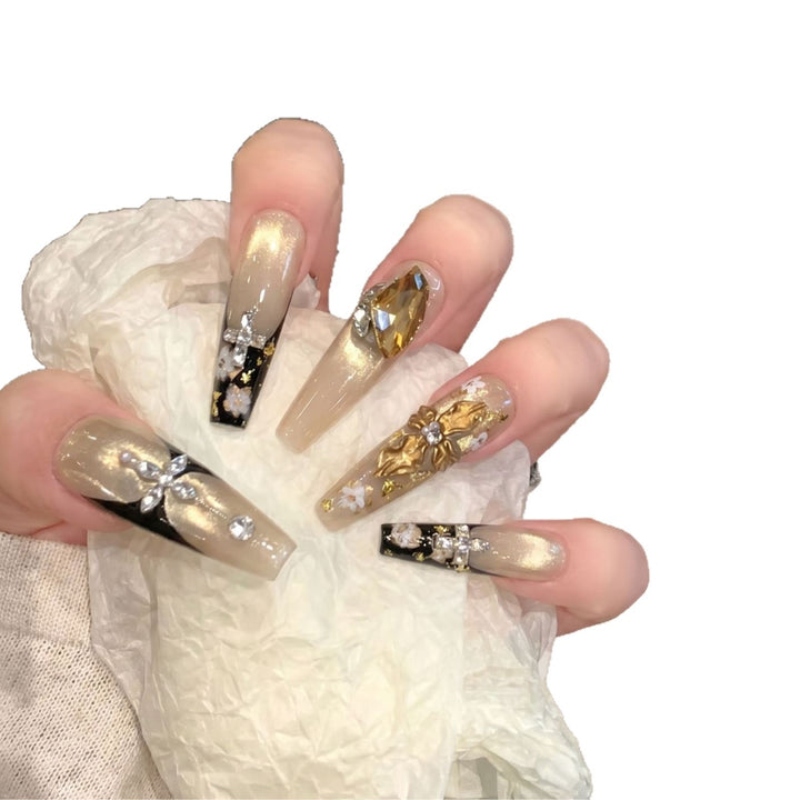 Elegant Decorative Press-On Nail Art Set with Rhinestone and Floral Accents Kalsten